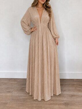 Crescent Gold Pleated Midi Dress Tie Waist Deep V Neck
